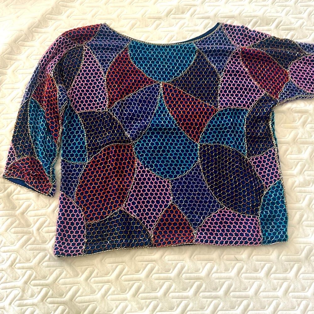 Vintage Beaded Bedazzled Silk Top Blue Purple Pink Red Women’s Size Medium